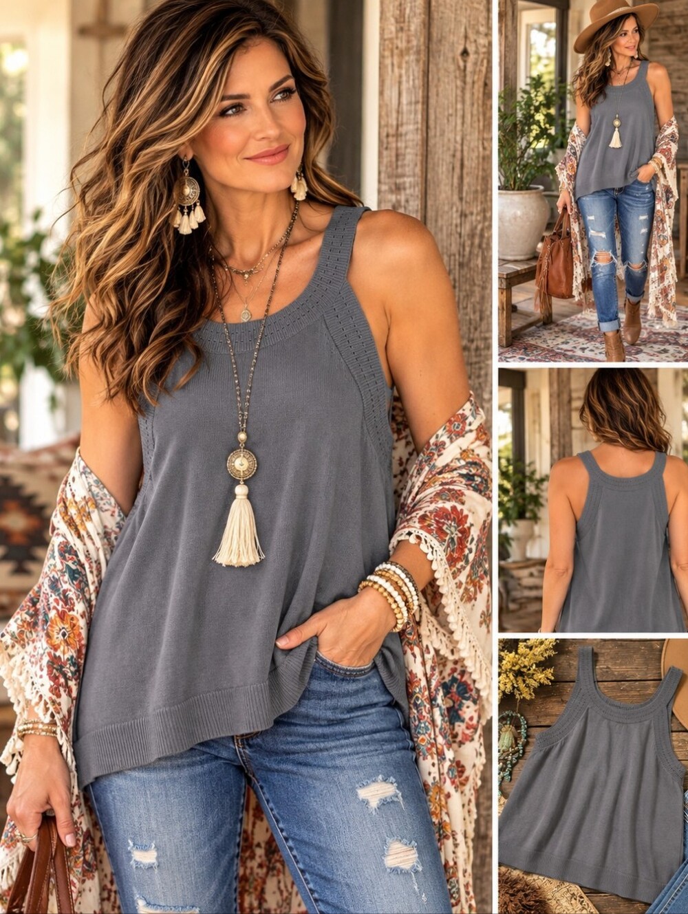 Heyson Size L Charcoal Gray Open Knit Sleeveless Tank Top